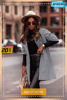 Houndstooth Three-quarter Sleeve Woolen Coat Celana Kargo, Stylish Petite, T Shirt Crop Top, Coat For Women, Legging Outfits, Blouse Short Sleeve, Woolen Coat, Mid Length Dresses, Outfits With Leggings