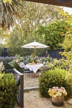 an outdoor dining area with table, chairs and umbrella in the middle of it surrounded by trees