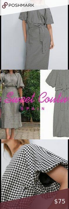 NWT Zara Houndstooth Dress Tie Size XS Back zipper closure Zara Dresses Midi Chic Plaid Midi Dress For Work, Spring Midi Dress With Houndstooth Pattern, Spring Houndstooth Midi Dress, Chic Gingham Dresses For Fall, Casual Plaid Office Dress, Chic Gingham Plaid Dress For Work, Chic Houndstooth Plaid Dress For Work, Chic Houndstooth Workwear Dress, Chic Houndstooth Pattern Midi Dress For Work