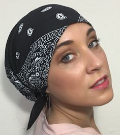 100% cotton, breathable head cover. Unique personal gift. Conceals and covers hair Uptown Girl Headwear brand ❤️ Lightweight pre tied gathered elasticized head wrap for men and women ❤️ Youthful athletic casual style ❤️ Cotton non stretch fabric ❤️ New easy slip on style. Slips on like a hat, but looks like a bandana scarf ❤️ Elasticized at the back for easy on easy off, and for a comfortable fit ❤️ Fits head size circumference 20-24 (Small medium large) ❤️ Knot both ties, or leave them hanging. Adjustable Black Casual Headwrap, Trendy Adjustable Black Headscarf, Black Headscarf For Beach, Black Cotton Headscarf, Adjustable Cotton Casual Headscarf, Black Beach Headscarf One Size, Adjustable Casual Cotton Headscarf, Casual Adjustable Black Headscarf, Black Bandana For Beach