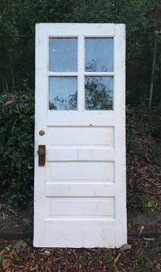 an old white door in front of some bushes