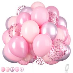 a bunch of pink and silver balloons with confetti on the bottom one balloon