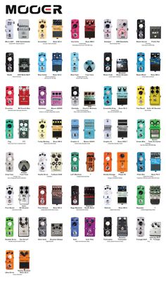 many different types of guitar pedals are shown in this diagram, with the names and colors