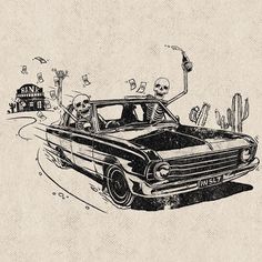 a drawing of a skeleton driving a car with a skeleton on the hood and in the passenger seat