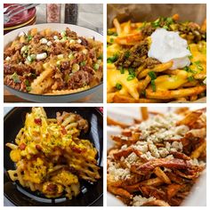 four different types of food are shown in this collage, including french fries, macaroni and cheese