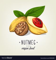 nutmeg with leaves and seeds on white background