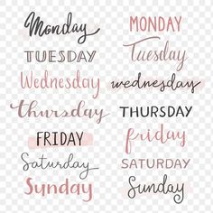 the days of the week are drawn in different font styles, including black and pink