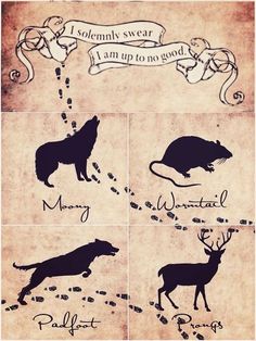 four different types of animals and their names on parchment paper with ink writing in them