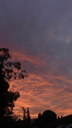 the sun is setting behind some trees and houses