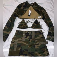 Army Colored Skirt, Bikini And Crop Long Sleeve Jacket Set. Brand New With Tag. Regular But Runs A Bit Small. Could Fit Size Small. Army Skirt, Army Clothes, Army Colors, Crop Long Sleeve, Long Sleeve Jacket, Cargo Skirt, Sleeve Jacket, Long Sleeves Jacket, Photoshoot Ideas