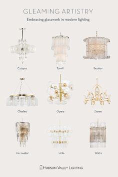 an advertisement for a chandelier featuring different types of lights and fixtures, including glasswork in modern lighting