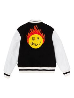 BURNING HEAD VARSITY JACKET - Palm Angels US Official Website Palm Angles Top, Palm Angels X Moncler Jacket, Palm Angels Jacket, Palm Angels Sweatshirt, Black Palm Angels T Shirt, Palm Angels, Sports Jacket, Leather Patches, Black N Yellow