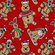 christmas teddy bears on red background with snowflakes and santa's sleighs