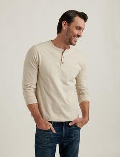 Men’s Henley Shirts, Henley T Shirt Mens, Mens Fashion Middle Age, Understated Mens Fashion, Mens Basic Fashion, 30 Year Old Mens Fashion Casual, Men’s Henley, Mens Basics Wardrobe, Mens Engagement Outfits Casual