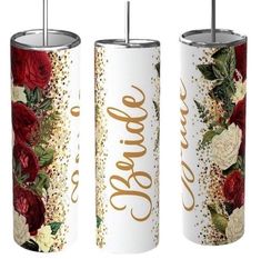 two red and white floral tumblers with gold glitters on the sides, one has a straw in it