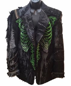 Green Hell distressed suit coat by Chad Cherry from ChadCherryClothing. Skeleton Jacket, Clothes Alternative, Outfit Pieces, Battle Jacket, Rock Rock, Estilo Punk, Custom Jacket, Punk Outfits