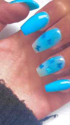 Taylor Swift Nails, Butterfly Nail Designs, August Nails, Graduation Nails, Blue Nail Designs, Almond Acrylic Nails, Butterfly Nail, Curly Hair Tips