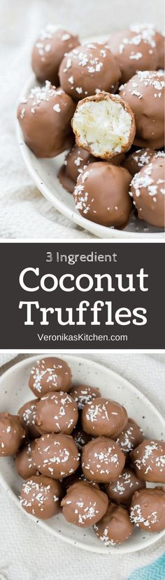 chocolate covered coconut truffles on a white plate with text overlay that reads 3 ingredient coconut truffles