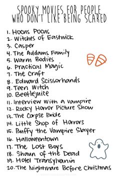 a list with words and pictures on it that say, spooky movies for people who don't like being scared