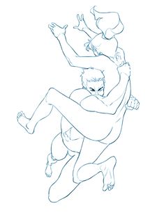 a drawing of two people in the air, one holding another person's head