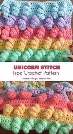 a crocheted dishcloth is shown with the words unicorn stitch in front of it