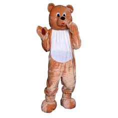 a person in a bear costume standing with one hand up to his face and the other on his chin