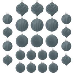 twelve ornaments in shades of grey on a white background