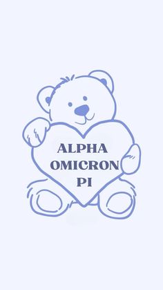 a blue teddy bear holding a heart with the words alpha omcron pi on it