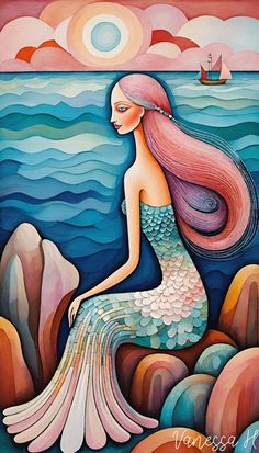 a painting of a mermaid sitting on rocks