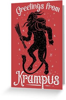 greetings from kramus card with an image of a demon holding a broom