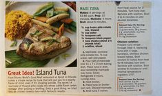 an article in a magazine about food on the island tuna, with pictures of different foods