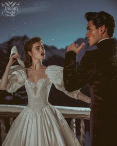 a man in a tuxedo standing next to a woman in a wedding dress