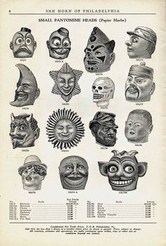 an old book with many different masks on it's pages, including the names and numbers