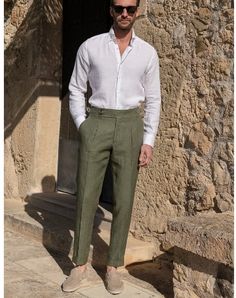 Green Linen Pants Outfit Men, Men Spring Wedding Guest, Linen Outfit Men, Mans Clothes, Formals For Men, Summer Linen Outfits