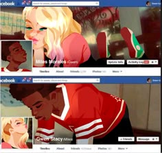 two facebook screens showing the same character and their avatars as they appear to be kissing each other