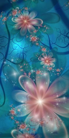 an abstract blue background with pink flowers and swirls