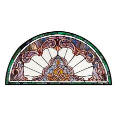 a stained glass window with an intricate design on the top and bottom panel, in various colors