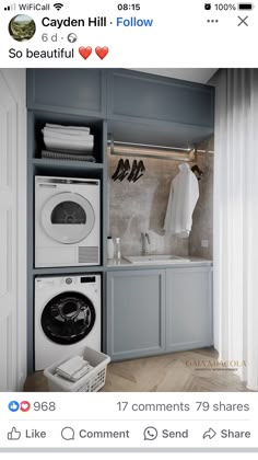 the laundry room is clean and ready to be used by someone who likes it on instagram