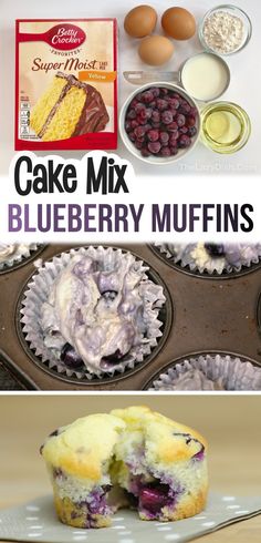 blueberry muffins are sitting on a plate next to some other ingredients and the title reads cake mix blueberry muffins