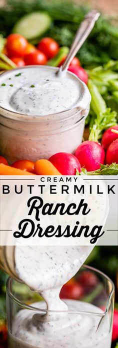 creamy buttermilk ranch dressing with fresh vegetables in the background