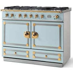 a blue and gold stove top oven with two burners