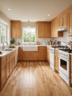 a large kitchen with wooden floors and white appliances on the counter tops, along with wood cabinets