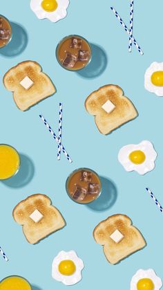 toast, eggs and syrup on a blue background