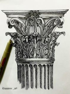 a pencil drawing of a planter with flowers and leaves on the top, next to a marker