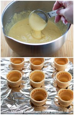 an image of some food being made in a pan and then put into muffin tins