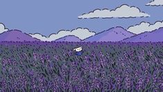 a cartoon character in a purple field with mountains and clouds behind him on a cloudy day