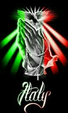 an image of the colors of italy and praying hands with lights coming from behind it