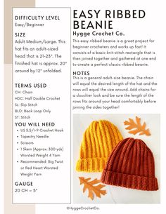 the instructions for how to knit an easy ribbed beanie