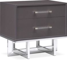 a gray and white nightstand with two drawers on each side, one drawer is open