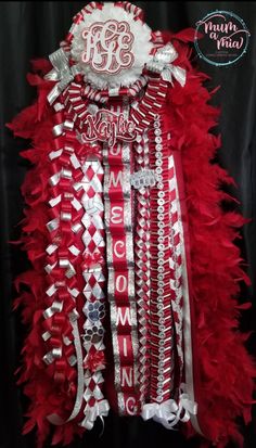 red and white feather boa with monogrammed letters on the front, sequin trim around the edges